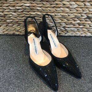 Manolo Blahnik Black Sequin Slingback Pointy Toe Heels EU 34.5